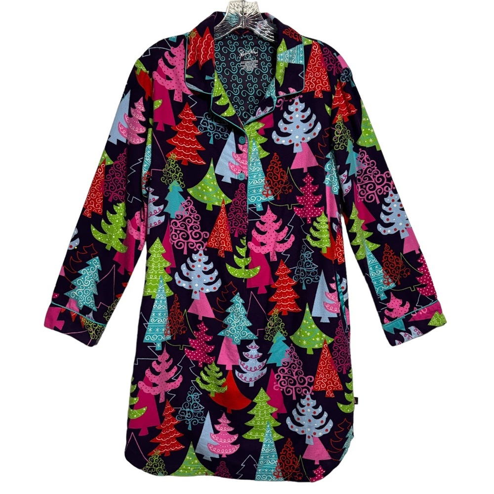 Nick & Nora Trees Xmas Cotton Flannel Sleep Shirt Nightgown robe tunic artsy